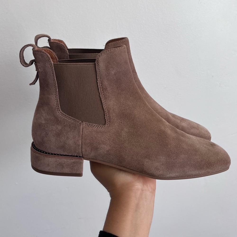 Franco Sarto Heather Suede Leather Square Toe Booties In Taupe